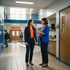 Two women in business casual attire talk in a bright school hallway lined with blue lockers and students.