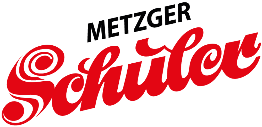 Roter geschwungener Schriftzug Metzger Schuler auf schwarzem Hintergrund.