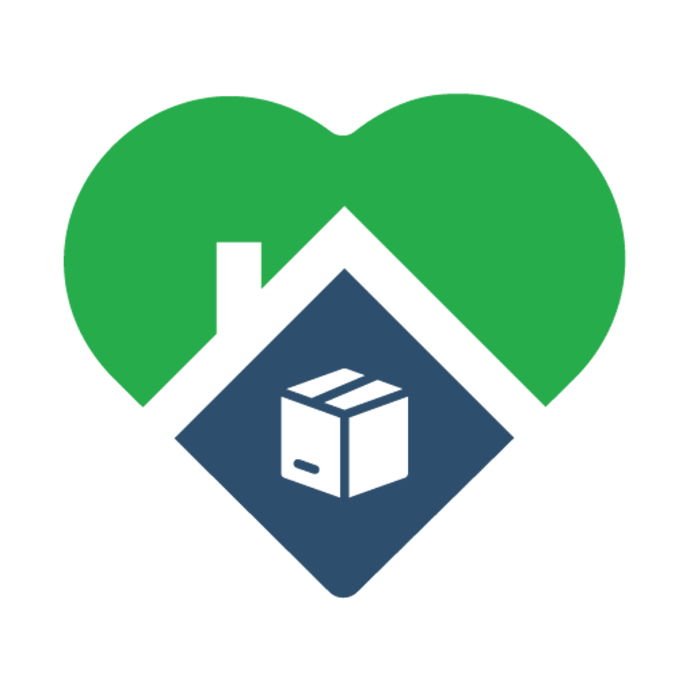 Grünes Herz mit blauem Haus und Umzugskarton innen, symbolisiert Umzugsservice.