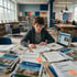 A student studies at a desk with a laptop and Northwood University brochures in a modern library.