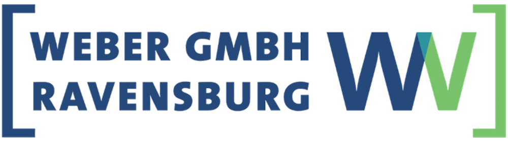 Blaues Logo "WEBER GMBH RAVENSBURG" mit stilisiertem "W" in Klammern.