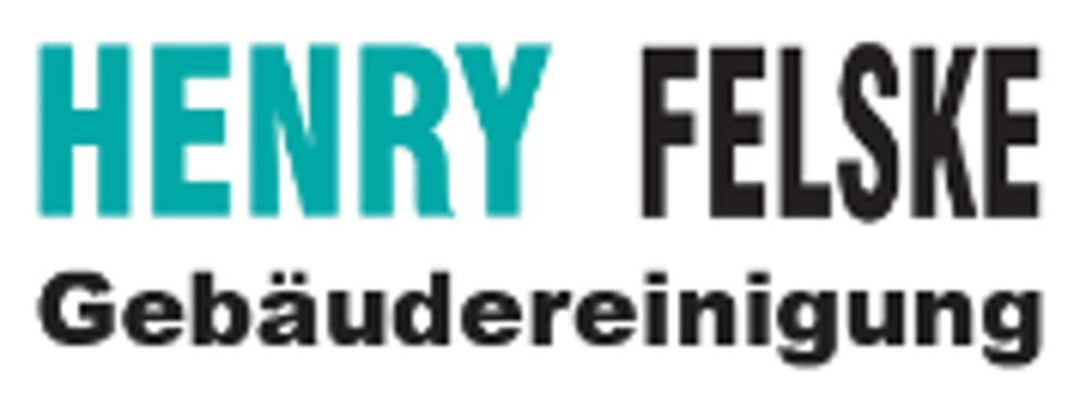 Logo der Henry Felske Gebäudereinigung mit türkisfarbenem und schwarzem Text auf weißem Hintergrund.