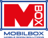 Logo von Mobilbox Mobile Room Solutions mit einem großen roten M und dem Wort BOX in einem blauen Rahmen auf schwarzem Grund.