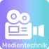 Weißes Kamerasymbol auf lila-blauem Hintergrund mit "Medientechnik"
