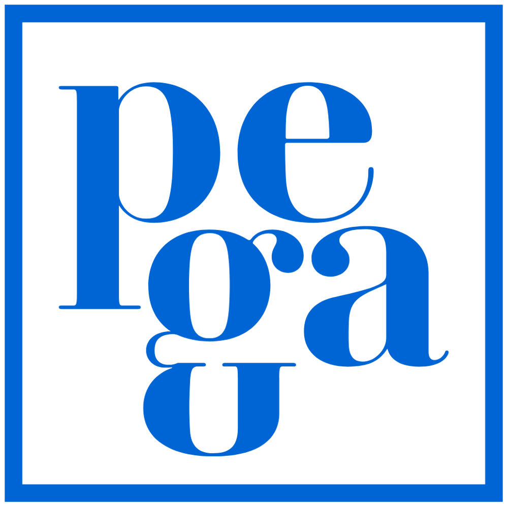 Blauer Text "pega" in einem blauen Quadrat auf grünem Hintergrund.