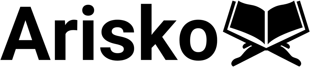 Schwarzes "Arisko"-Logo mit einem offenen Buch auf einem Lesepult.