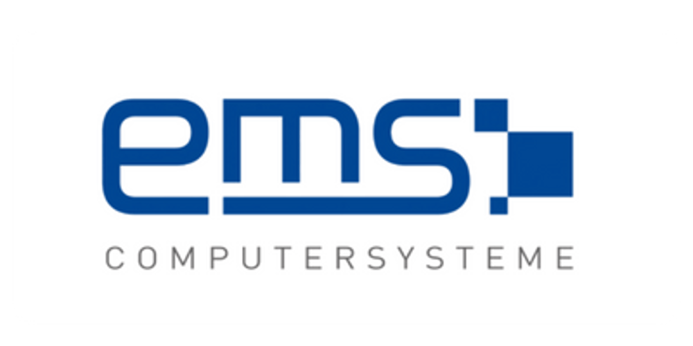 Blaues EMS Computersysteme Logo mit stilisierten Buchstaben und einem quadratischen Muster.