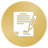 Biała ikona dokumentu z tekstem i podpisem, oraz piórem, na złotym tle.