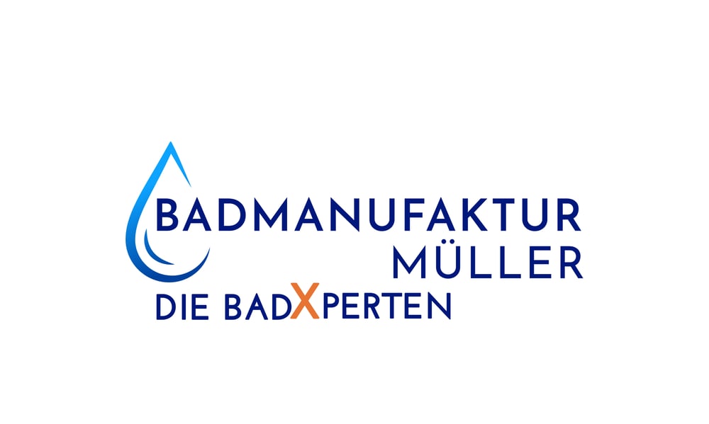 Logo mit blauer Wassertropfenform und den Worten „BADMANUFAKTUR MÜLLER“ in Blau auf dunklem Hintergrund.