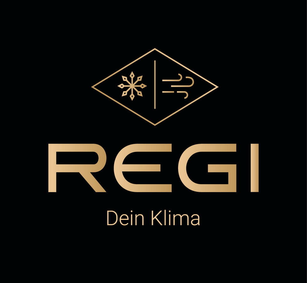 Goldenes REGI Logo mit Schneeflocken- und Wind-Symbolen sowie dem Schriftzug Dein Klima auf schwarzem Hintergrund.