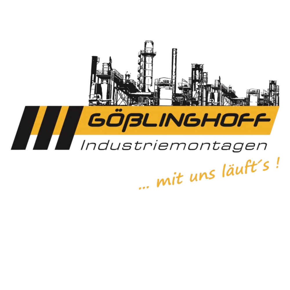 Logo Gösslinghoff Industriemontagen: Schwarze Fabrikkulisse, gelber Streifen mit Text, Slogan "... mit uns läuft's!"