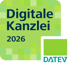 Grünes DATEV-Logo mit der Aufschrift "Digitale Kanzlei 2026" in dunkelblauer Schrift.