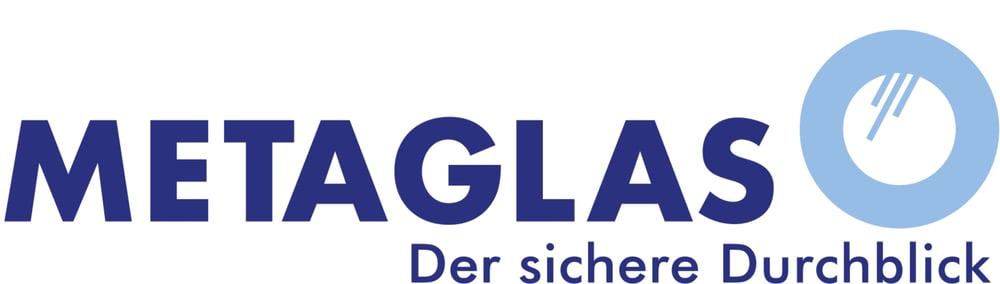 METAGLAS Logo mit dem Slogan "Der sichere Durchblick" und einem blauen Kreis mit Spiegelung.