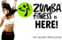 Zumba Fitness Logo und tanzende Frau mit dem Text „Zumba Fitness is here! All Levels Welcome“.
