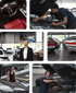 Montage mit Innenraum eines roten Porsche, Mechaniker bei der Arbeit, Frauen im Autohaus, Porsche-Reihen.