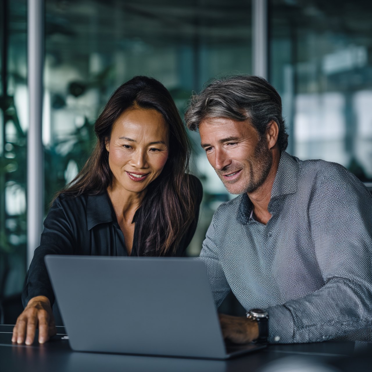 Two business people in a modern office working on a laptop.