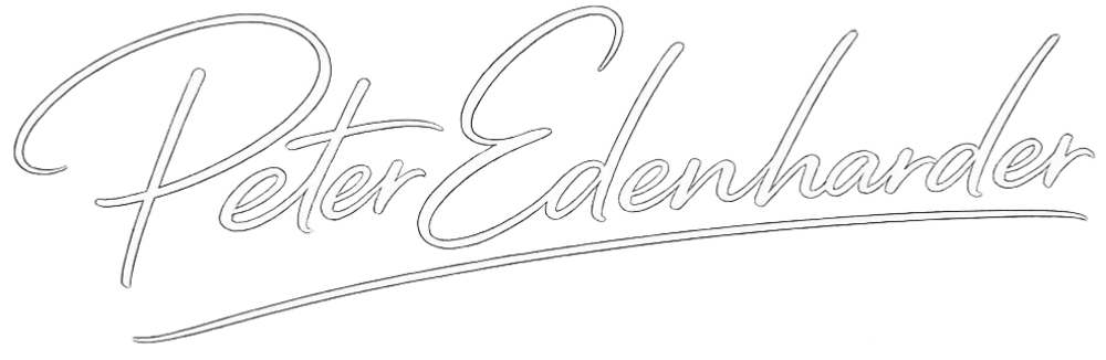 Weißer geschwungener Schriftzug Peter Edenharder auf schwarzem Hintergrund.