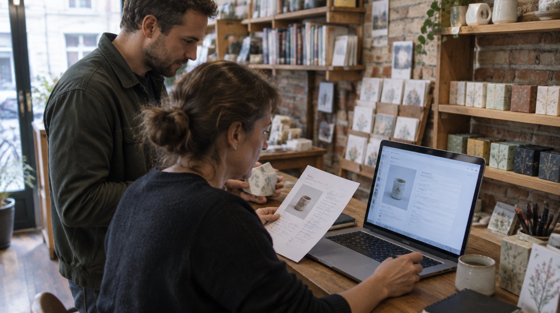 Eine Frau und ein Mann vergleichen in einem Berliner Laden mit Büchern und Karten eine Produktseite am Laptop mit einem ausgedruckten Text voller Korrekturen