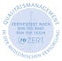 Qualitätsmanagement-Zertifikat mit Text "Zertifiziert nach DIN ISO 9001 DIN ISO 15224 reZERT".