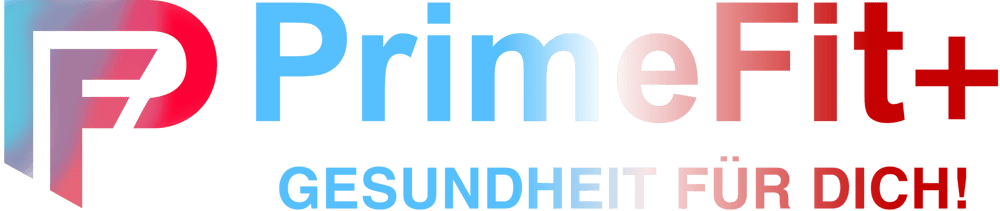 Logo von PrimeFit+ mit dem Slogan "GESUNDHEIT FÜR DICH!" in blau, rot und weiß.