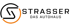 Logo von Strasser Das Autohaus mit einem stilisierten S in einem Kreis auf schwarzem Hintergrund.