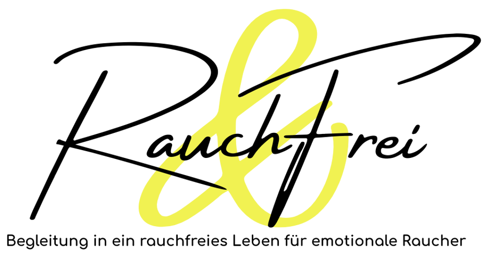 Das Logo "Rauchfrei" ist in Schwarz und Gelb mit dem Text "Begleitung in ein rauchfreies Leben für emotionale Raucher" darunter dargestellt.