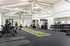Moderner, heller Fitnessraum mit Kraftgeräten, Kurzhanteln, TRX-Bändern und einem grünen Kunstrasenstreifen auf dunklem Boden.