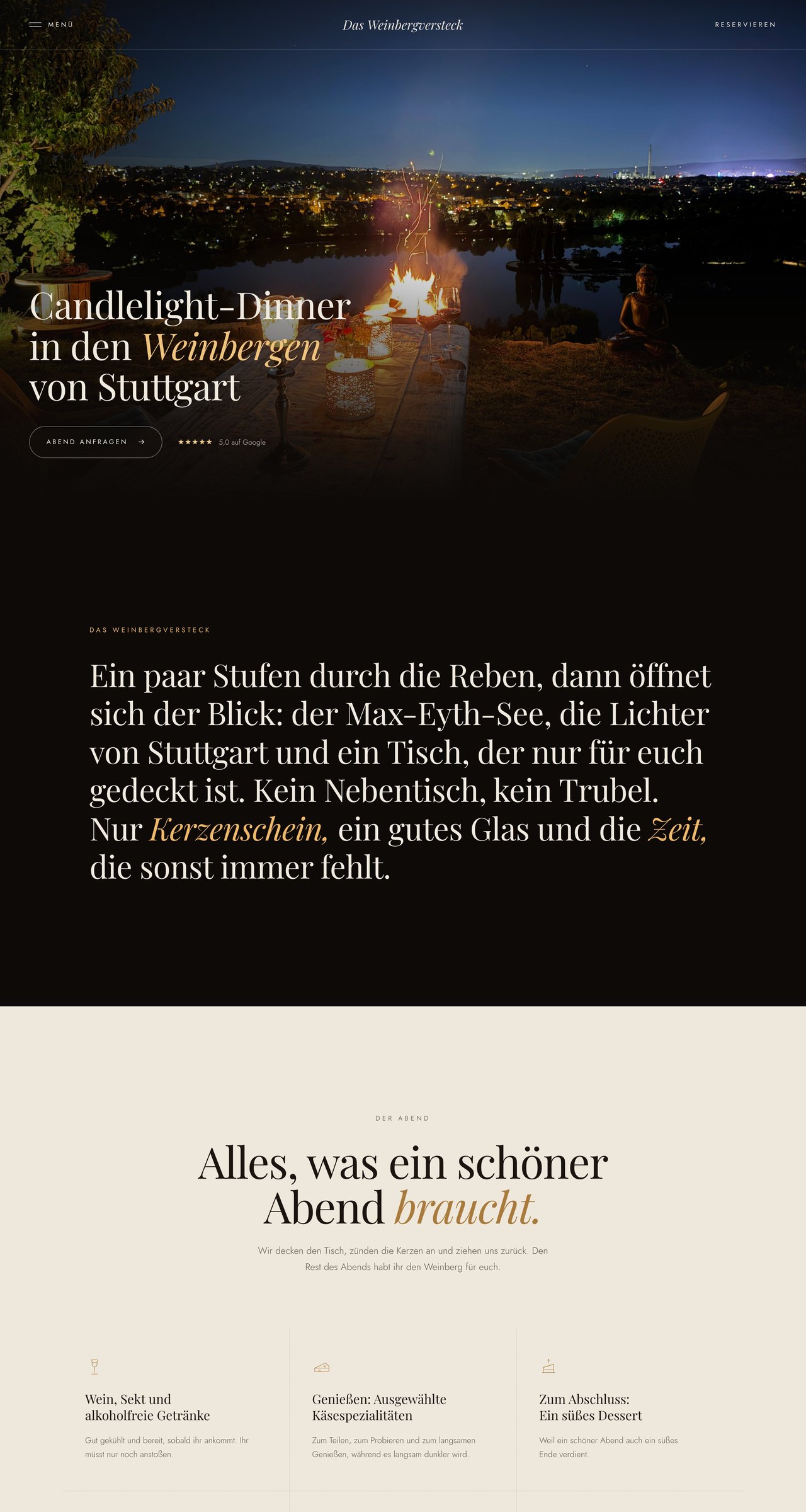 Das Weinbergversteck website, first three screens