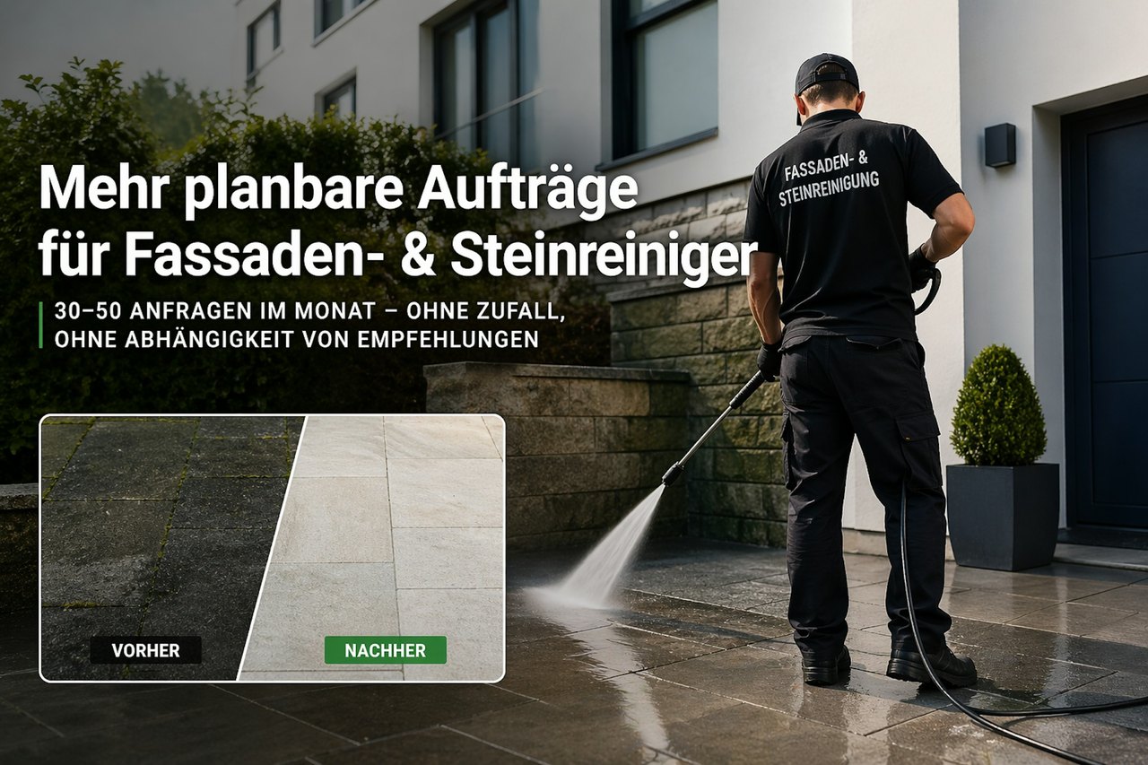Mann in schwarzer Arbeitskleidung nutzt Hochdruckreiniger zur Fassaden- und Steinreinigung, dazu Vorher-Nachher-Vergleich von gereinigtem Steinboden.