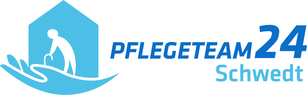 Blaues Logo: Eine Hand trägt ein Haus, in dem eine Person mit Rollator steht. Daneben steht "PFLEGETEAM 24 Schwedt".