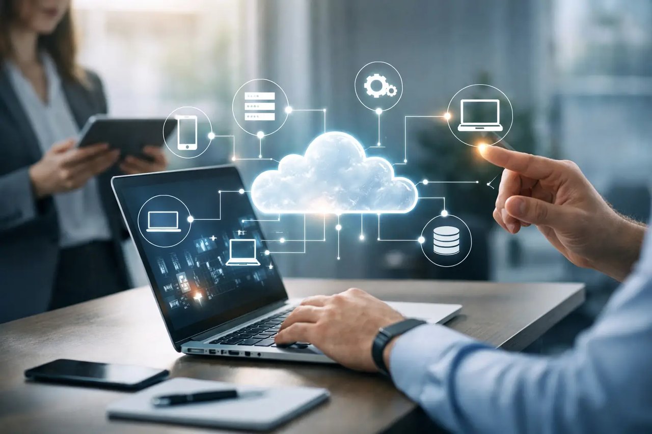 Hände an einem Laptop mit einer leuchtenden Cloud-Grafik und vernetzten IT-Symbolen für Daten, Server und Endgeräte.