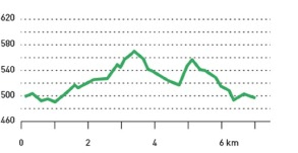 Höhenprofil einer Strecke von 0 bis 7 km, mit Höhen zwischen 460 und 620 Metern.