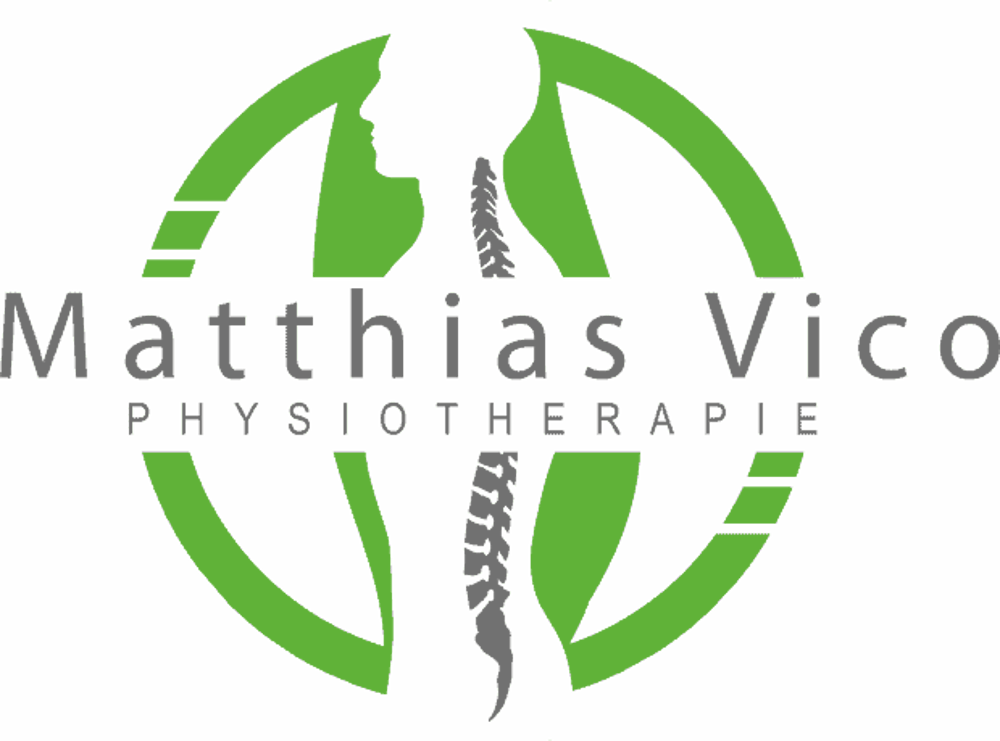 Logo Matthias Vico Physiotherapie: Grüne Kreissilhouette einer Person mit sichtbarer Wirbelsäule, Text "Matthias Vico Physiotherapie".