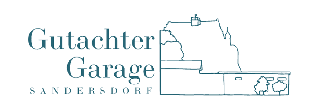 Logo mit Text "Gutachter Garage Sandersdorf" und einer stilisierten Skizze eines Gebäudekomplexes.
