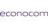 econocom Logo in dunkelvioletter Schrift auf dunkelgrünem Hintergrund.