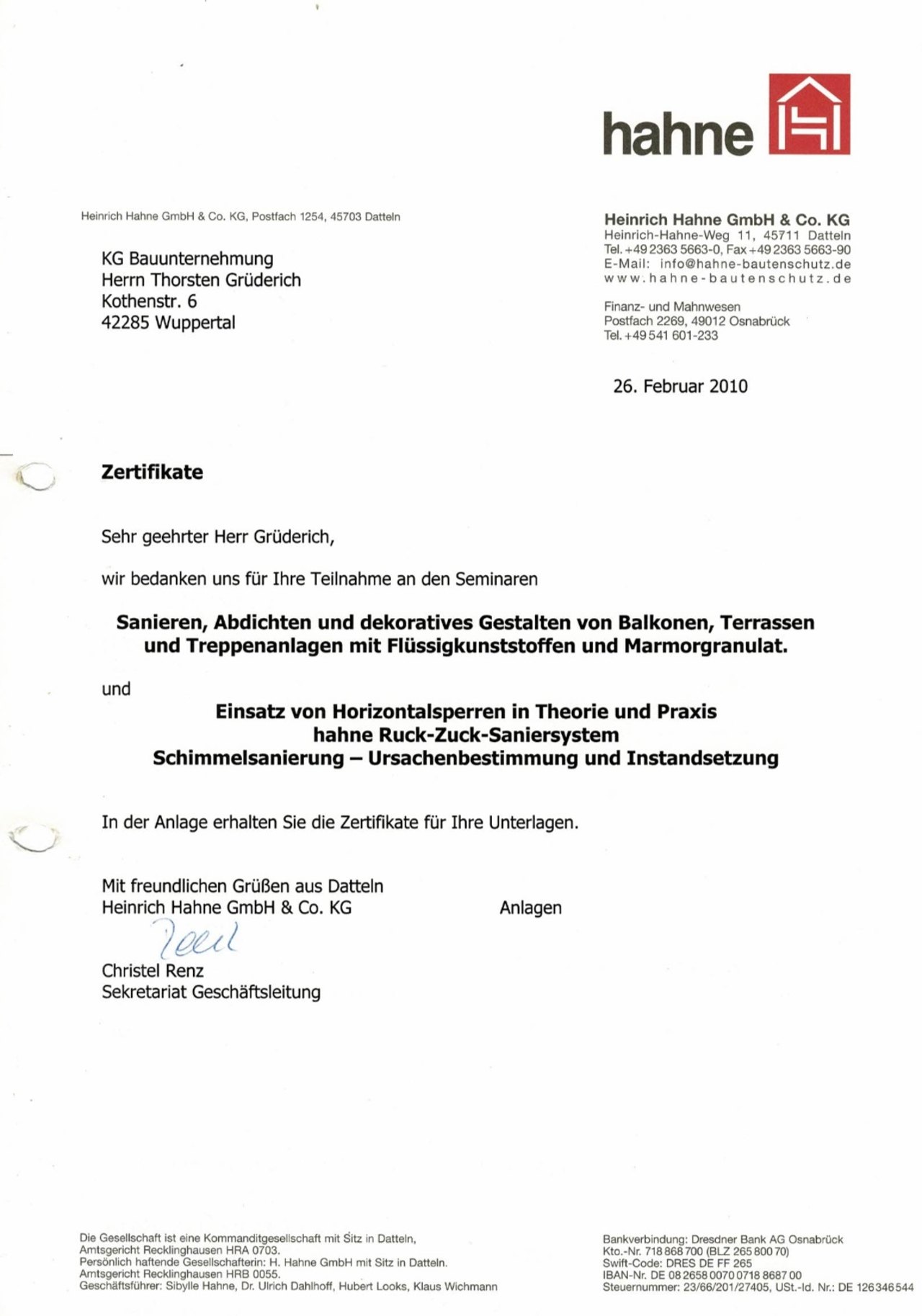 hahne Seminarbestätigung