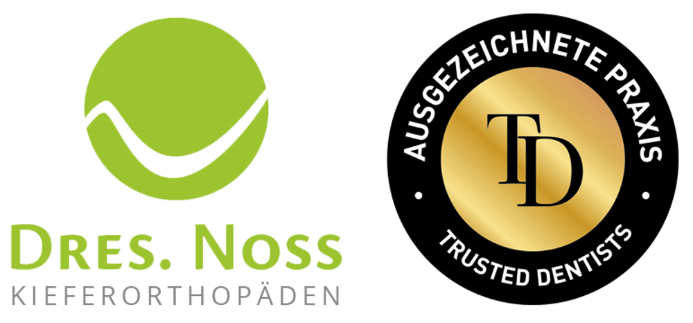 Logo der Dres. Noss Kieferorthopäden neben dem Siegel Ausgezeichnete Praxis von Trusted Dentists auf schwarzem Grund.