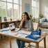 A young woman sits at a desk with a laptop and college brochures, including a folder labeled Future Student.