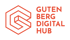 Rotes Logo "Gutenberg Digital Hub" mit stilisiertem "G" in einem Hexagon auf grünem Hintergrund.