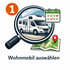 Lupe zeigt Wohnmobil, Kalender mit Haken, Karte mit Stecknadel und Text "Wohnmobil auswählen".