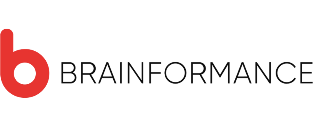 Rotes "b" Logo und der Text "BRAINFORMANCE" in Schwarz auf dunkelgrünem Hintergrund.