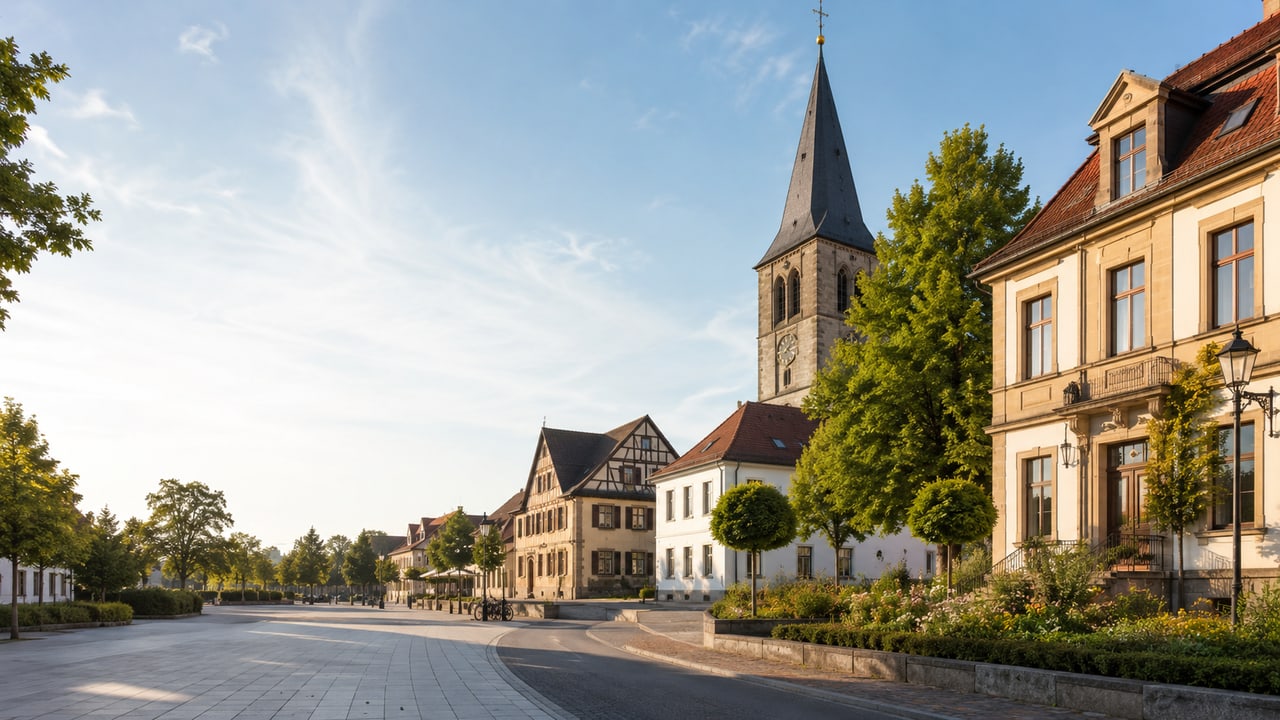 Sonniger Marktplatz mit historischen Fachwerkhäusern und hohem Kirchturm im Kreis Groß-Gerau
