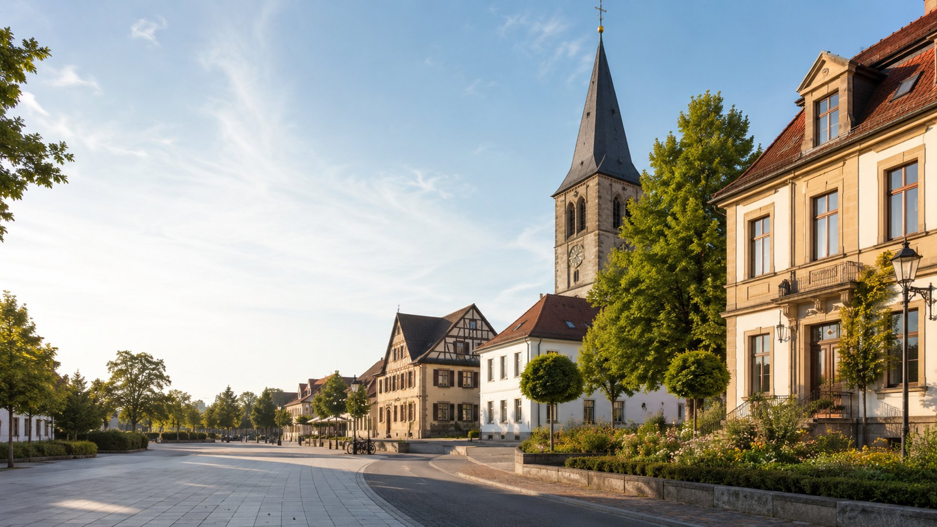 Sonniger Marktplatz mit historischen Fachwerkhäusern und hohem Kirchturm im Kreis Groß-Gerau