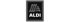 Das Aldi-Logo zeigt den Schriftzug "ALDI" in Weiß auf schwarzem Hintergrund, umrahmt von einem grauen Rand.