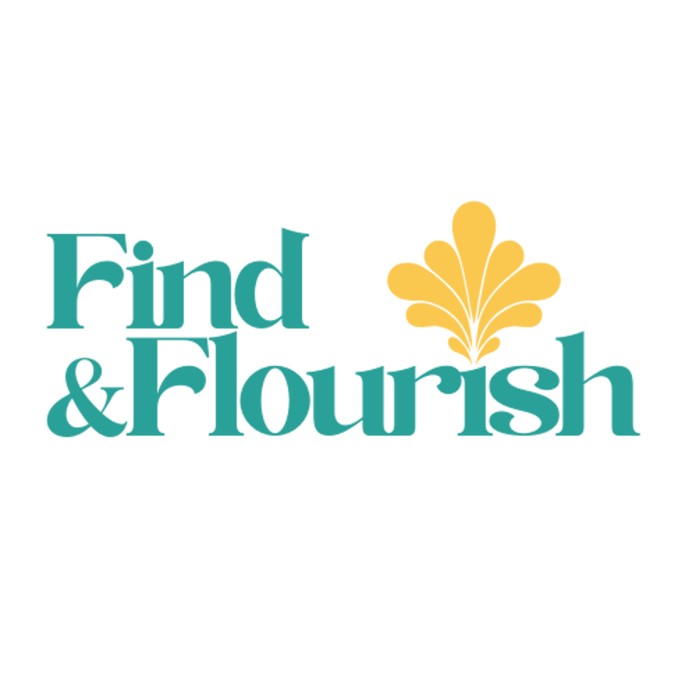 "Find & Flourish" logo in teal, with a yellow flower design above the ampersand.