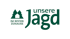Grünes Logo mit zwei Tannen, Haus und Text "IM REVIER ZUHAUSE" links, rechts "unsere Jagd".