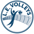 Blaues Logo mit stilisiertem Volleyballspieler, Ball und Netz in einem Kreis mit dem Text "L.E. VOLLEYS".