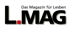 Schwarzes LMAG-Logo mit rotem Punkt und dem Text "Das Magazin für Lesben".