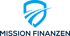 Blaues Schild mit zwei diagonalen Linien, darunter der Text „MISSION FINANZEN“.