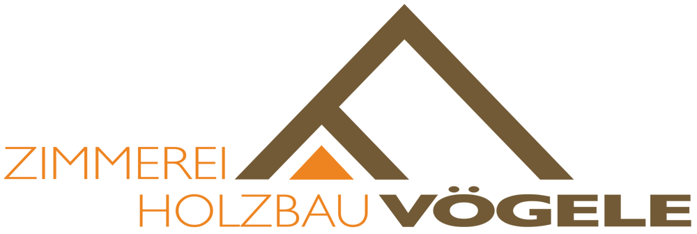 ZIMMEREI HOLZBAU VÖGELE Logo mit braunem Dachsymbol und orangefarbenem Giebel.
